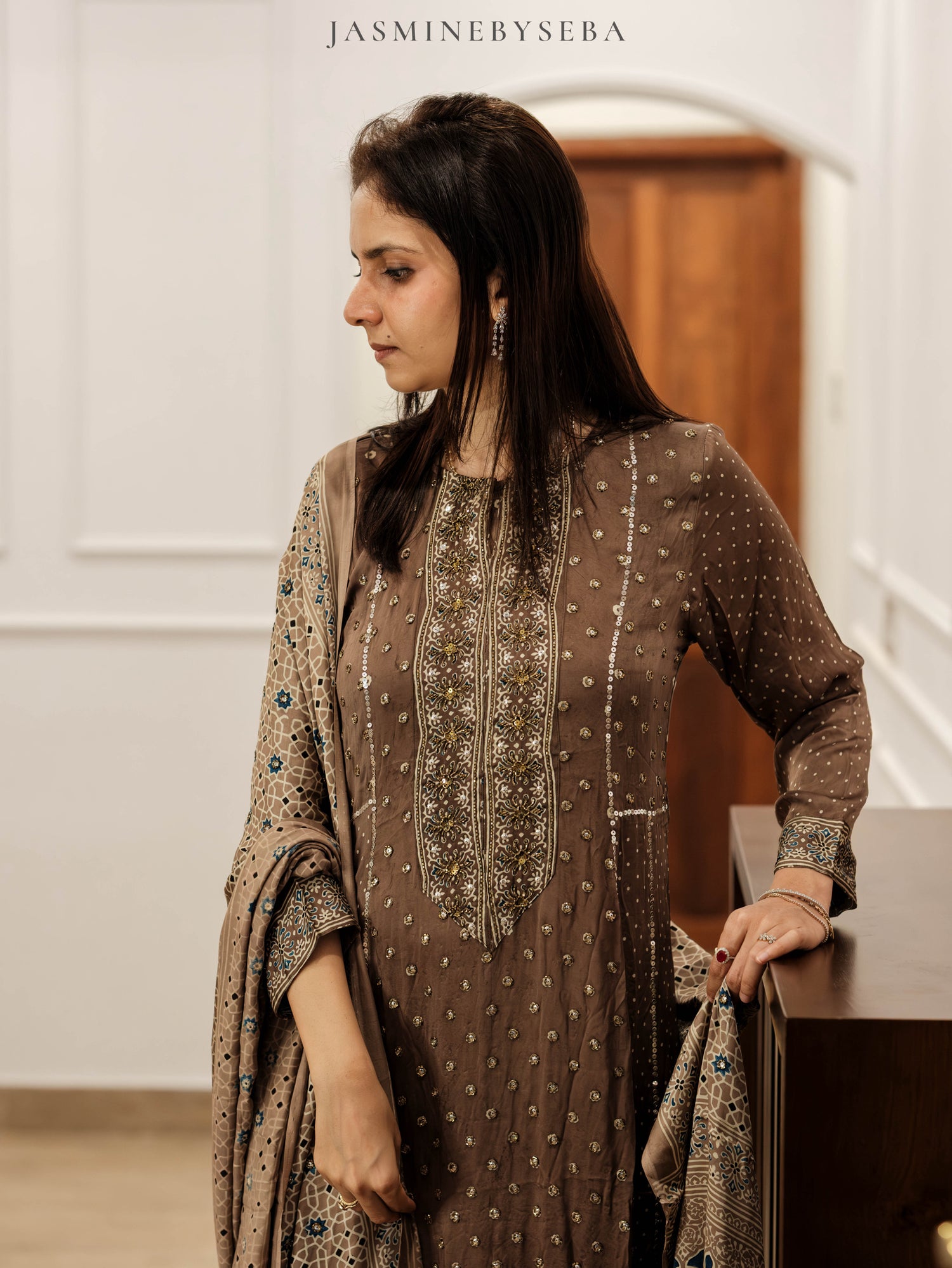 Ajrakh hand dyed hand block printed modal silk panel cut salwar set with cut bead handwork