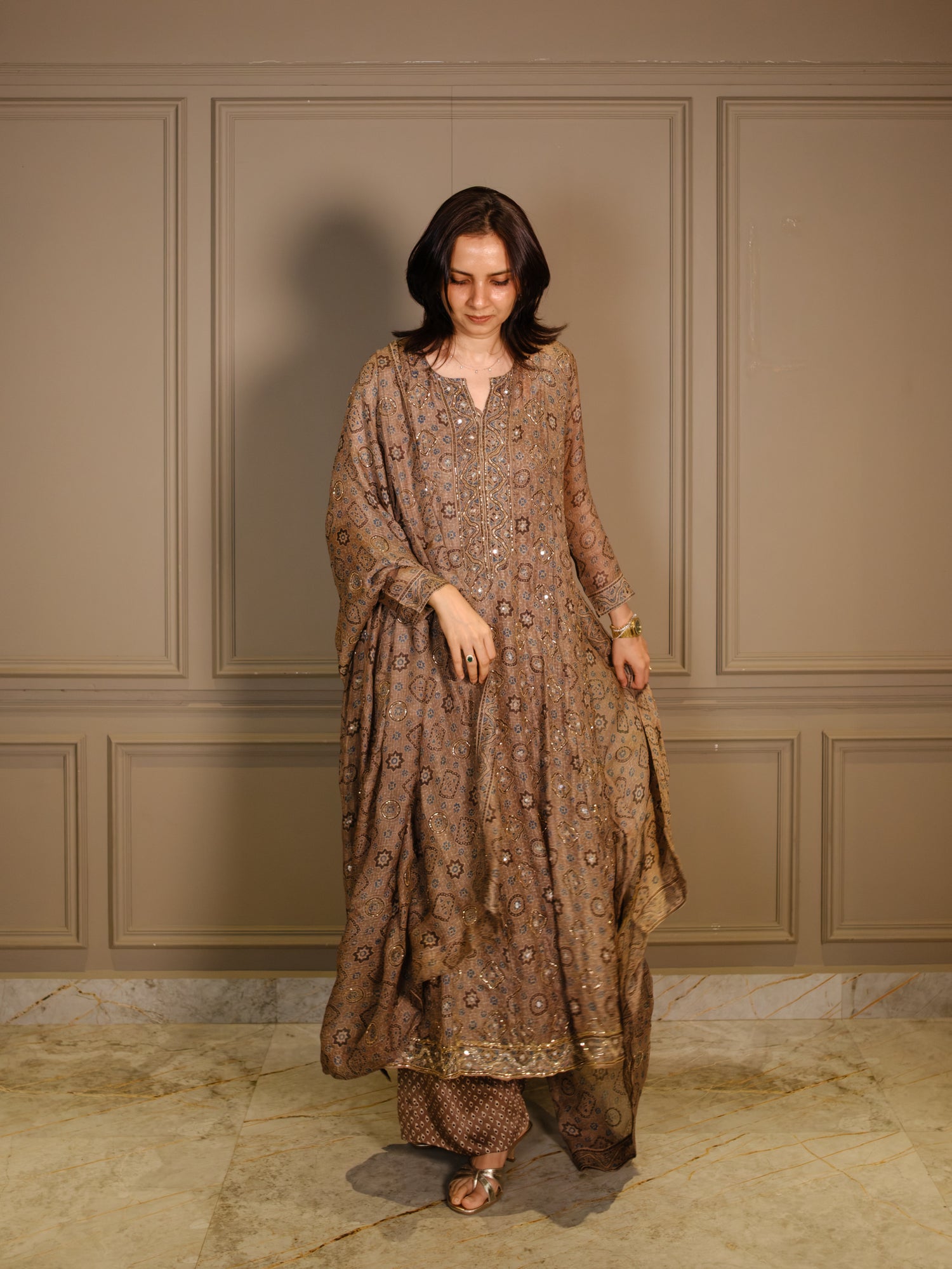 Ajrakh hand dyed hand block printed kota silk jacket set with cut bead handwork
