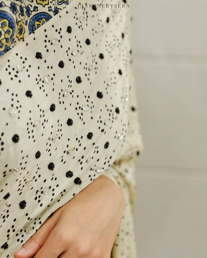 Ajrakh pure modal silk hand dyed, hand block printed and handworked saree