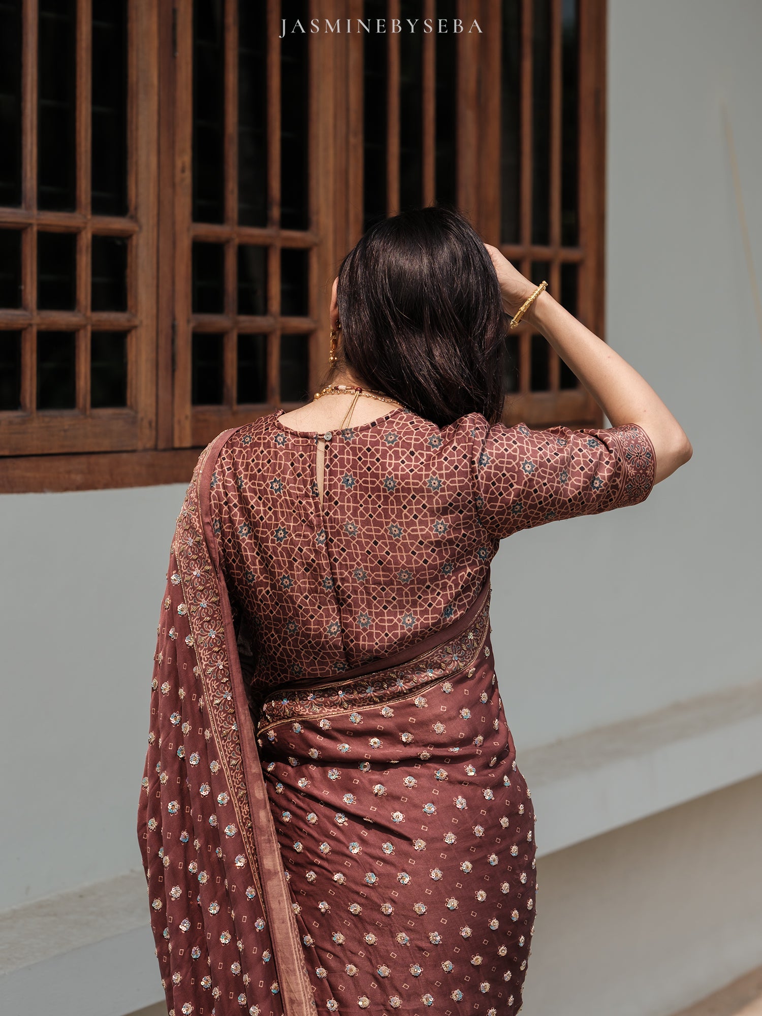 Ajrakh pure handloom gajji silk hand dyed, hand block printed and handworked saree