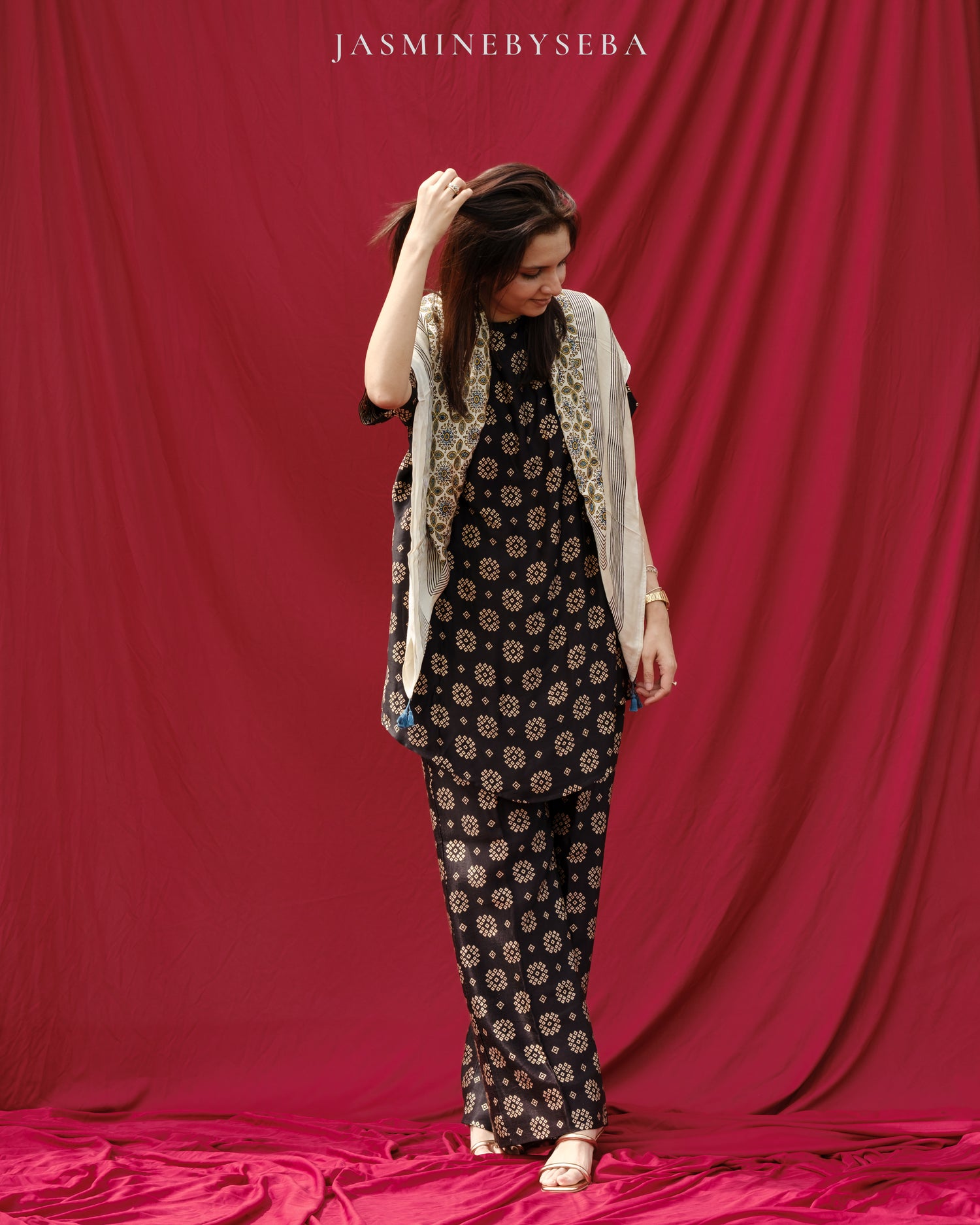 AJRAKH hand dyed hand block printed pure modal silk long scarf