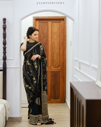 Ajrakh pure modal silk hand dyed, hand block printed and handworked saree