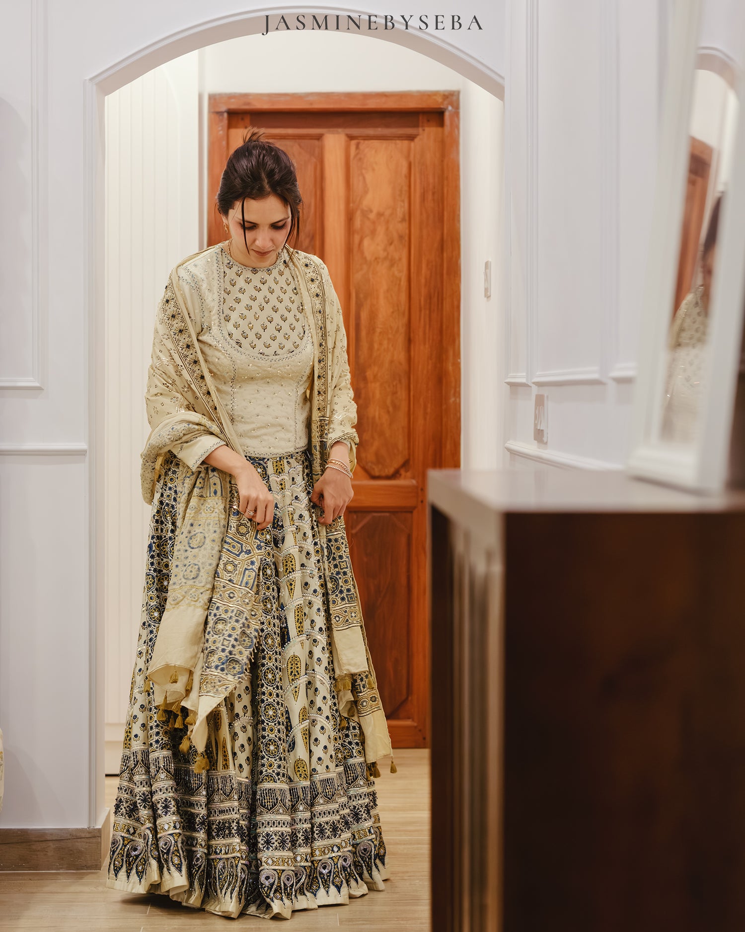 Custom made Ajrakh hand dyed hand block printed modal silk bridal lehenga set with pure handloom gajji silk dupatta detailed out with hand embroidry