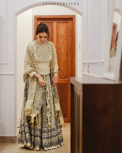 Custom made Ajrakh hand dyed hand block printed modal silk bridal lehenga set with pure handloom gajji silk dupatta detailed out with hand embroidry