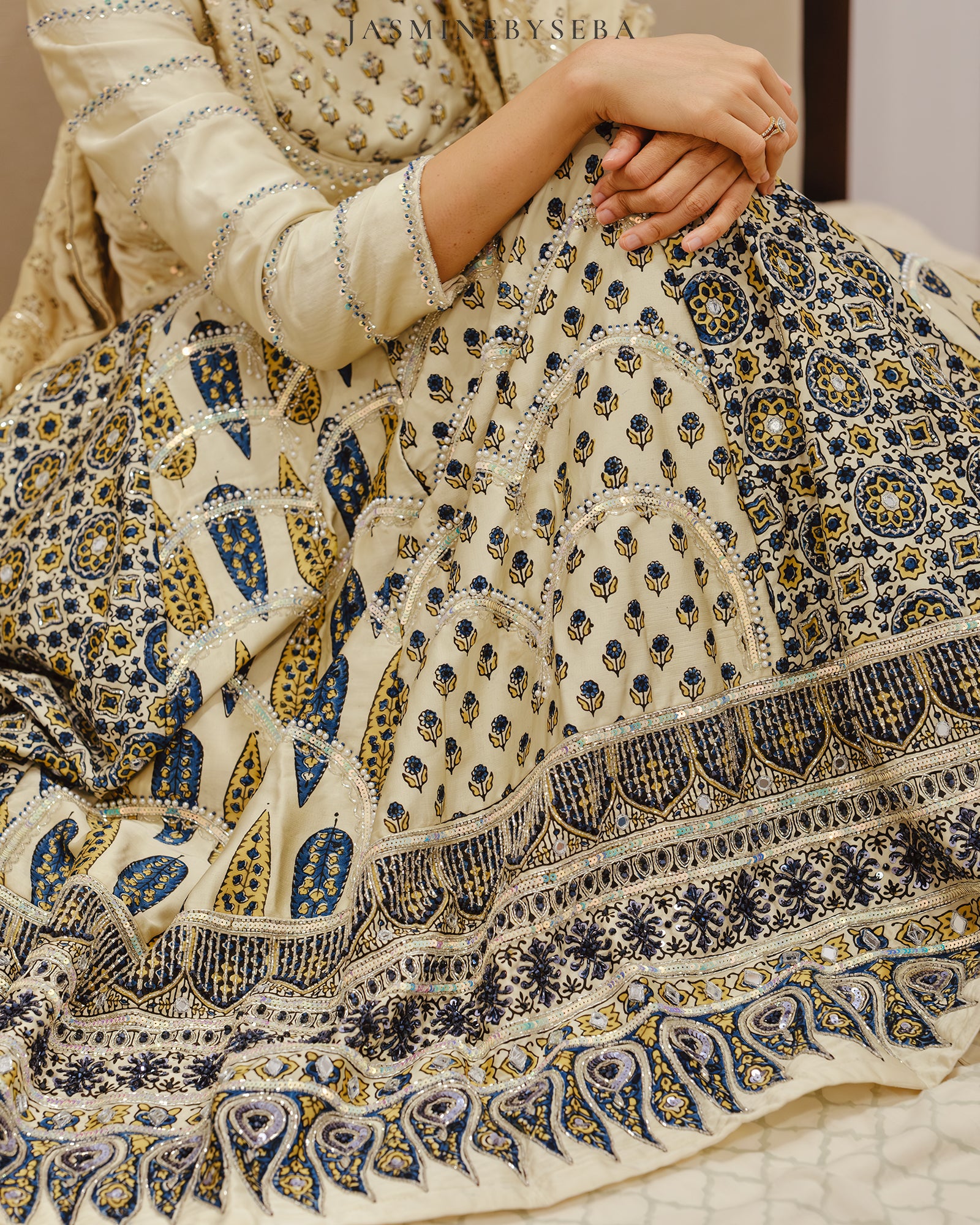 Custom made Ajrakh hand dyed hand block printed modal silk bridal lehenga set with pure handloom gajji silk dupatta detailed out with hand embroidry