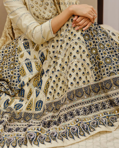 Custom made Ajrakh hand dyed hand block printed modal silk bridal lehenga set with pure handloom gajji silk dupatta detailed out with hand embroidry