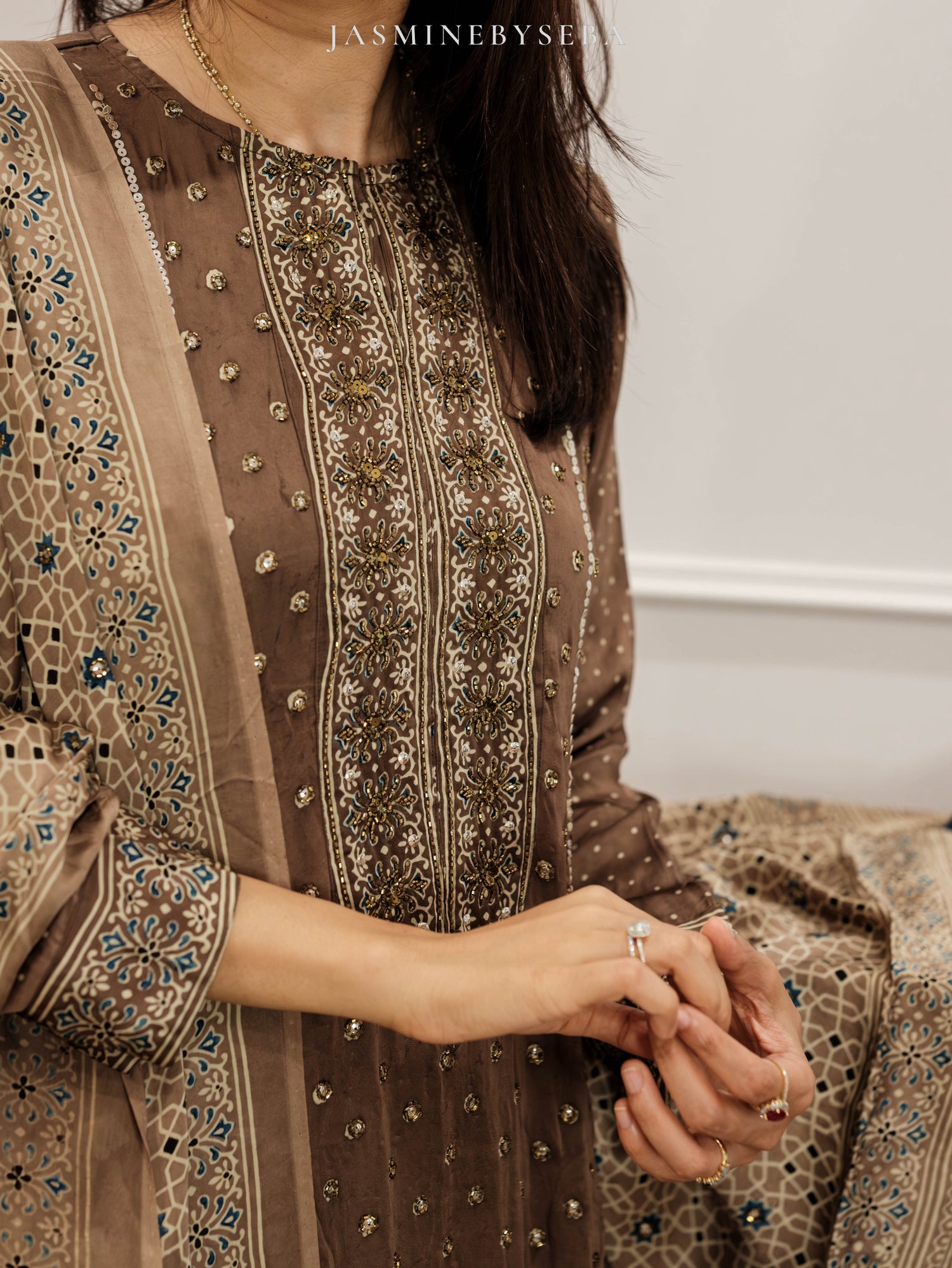 Ajrakh hand dyed hand block printed modal silk panel cut salwar set with cut bead handwork