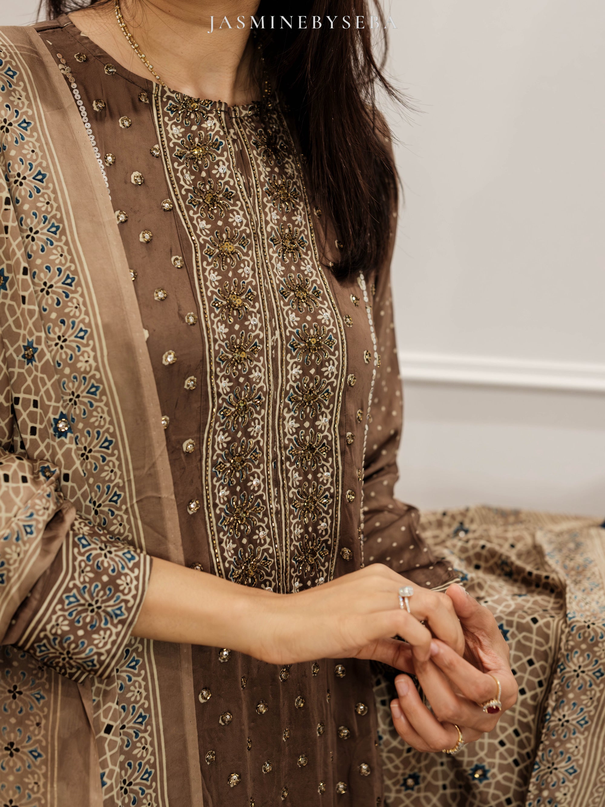 Ajrakh hand dyed hand block printed modal silk panel cut salwar set with cut bead handwork