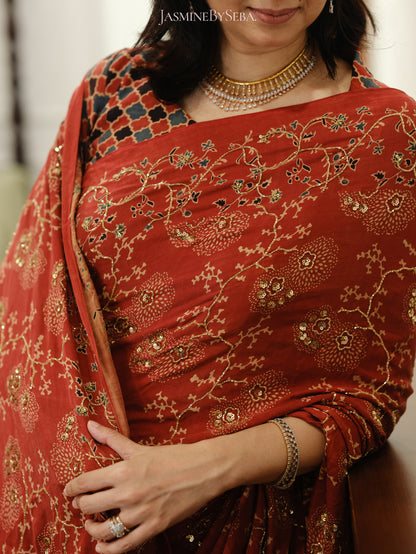 Ajrakh bridal pure handloom gajji silk hand dyed, hand block printed and handworked saree