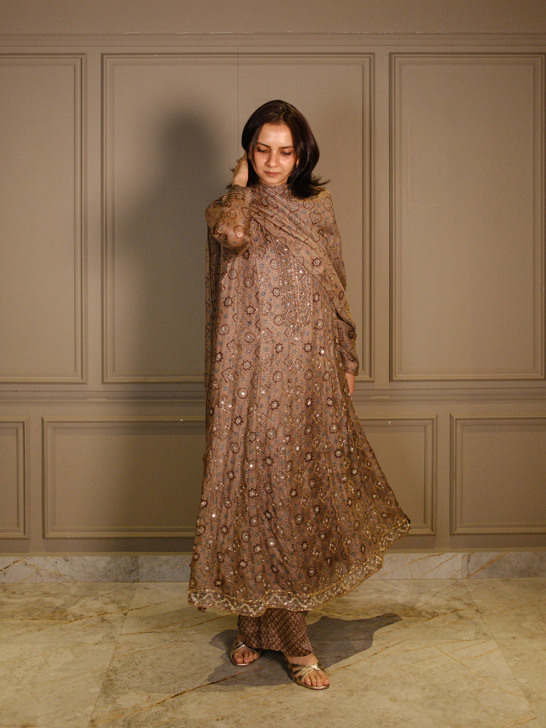 Ajrakh hand dyed hand block printed kota silk jacket set with cut bead handwork