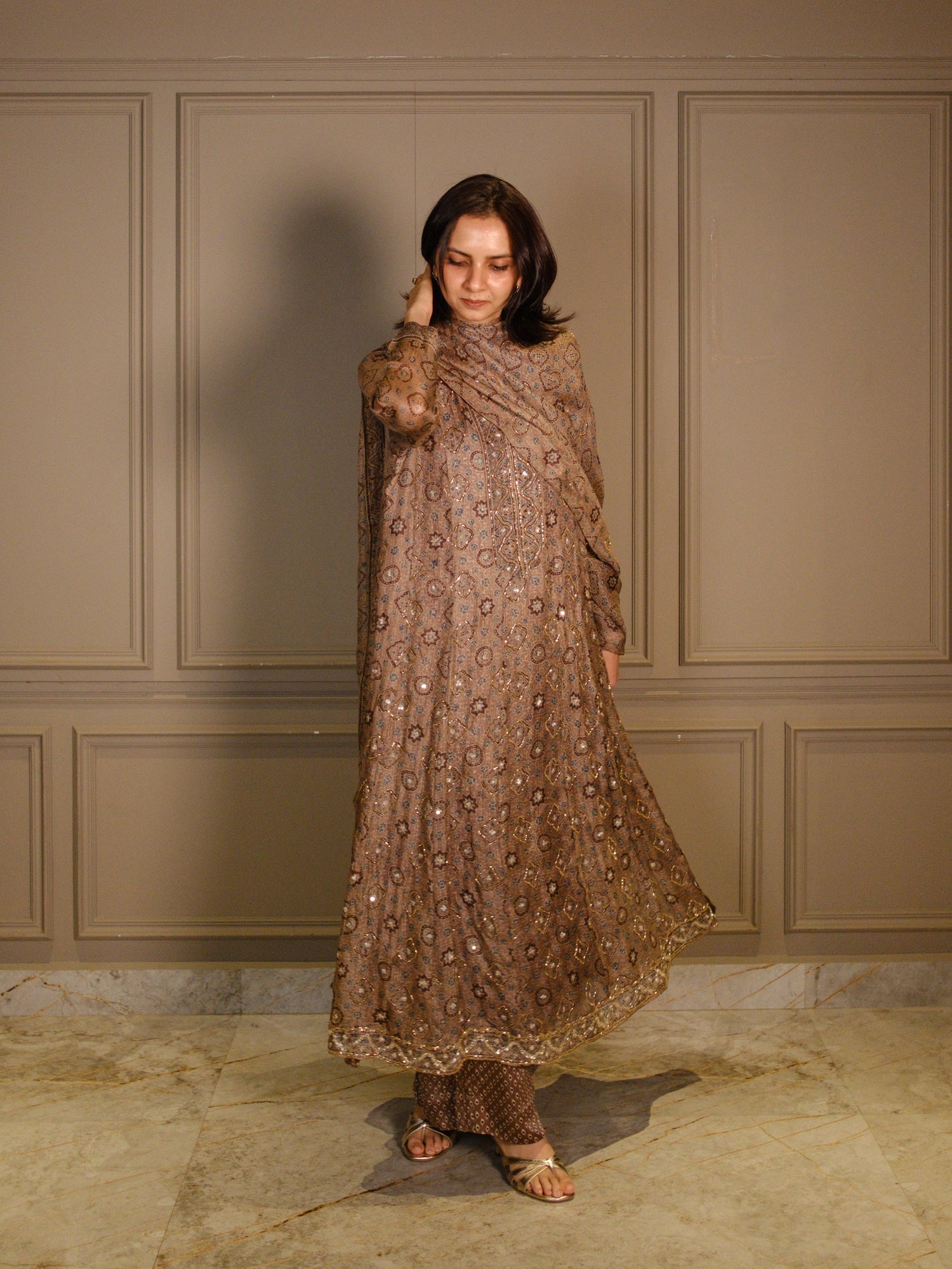 Ajrakh hand dyed hand block printed kota silk jacket set with cut bead handwork