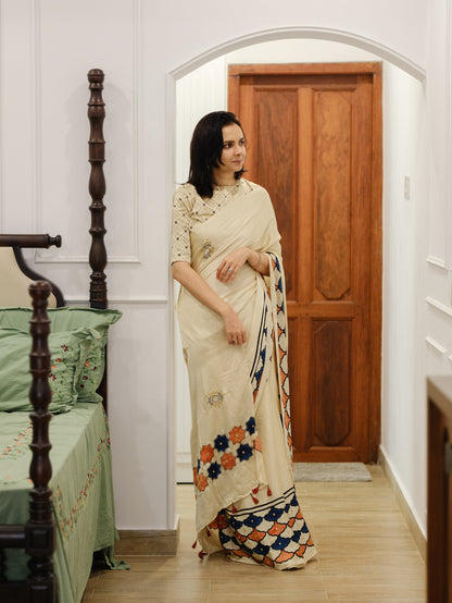 Ajrakh pure modal silk hand dyed, hand block printed and handworked saree