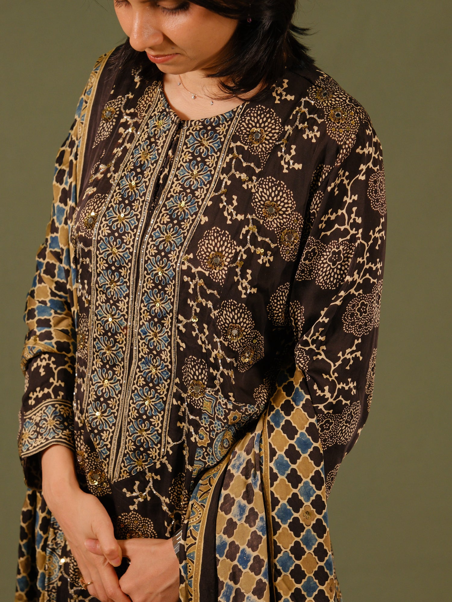 Ajrakh hand dyed hand block printed modal silk panel cut salwar set with cut bead handwork