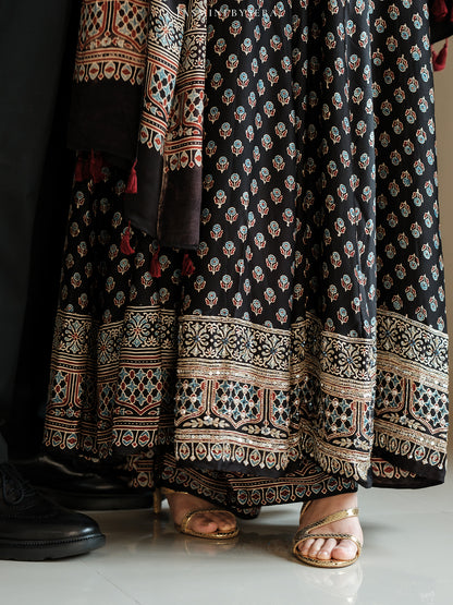 Custom made Ajrakh hand dyed hand block printed modal silk anarakali set with hand embroidry