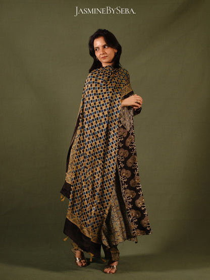 Ajrakh hand dyed hand block printed modal silk panel cut salwar set with cut bead handwork