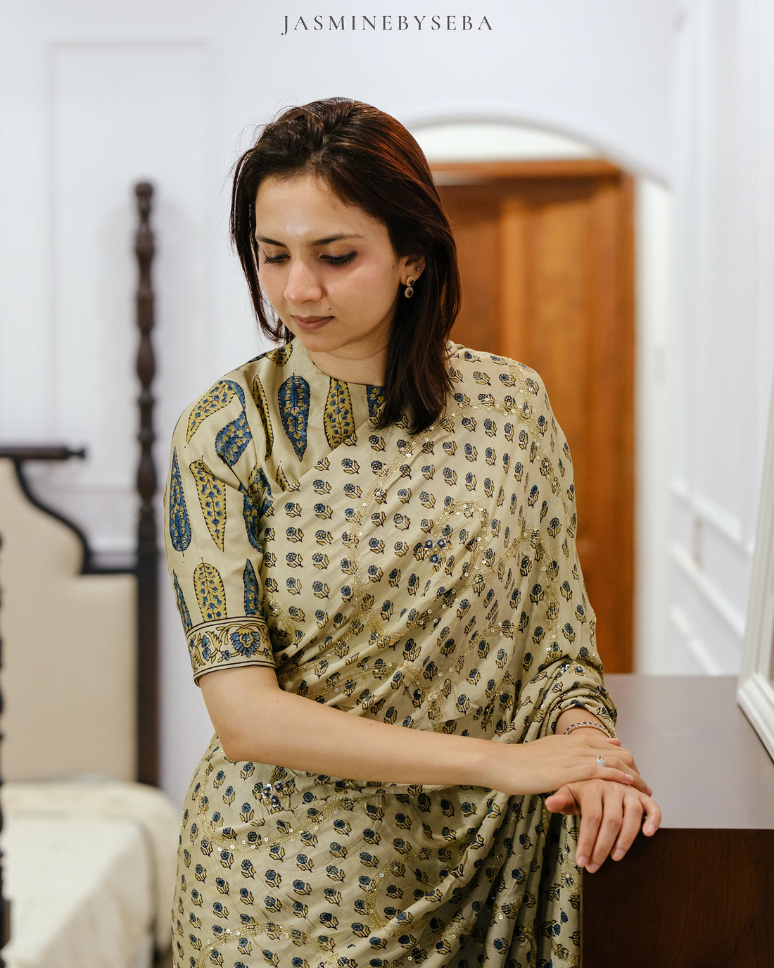 Ajrakh pure handloom gajji silk hand dyed, hand block printed and handworked saree