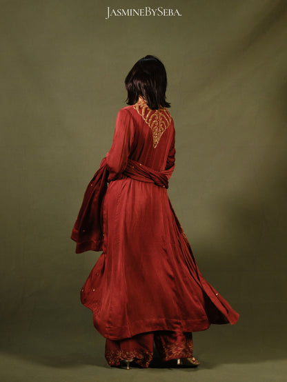 Ajrakh hand dyed hand block printed modal silk panel cut salwar set with cut bead handwork