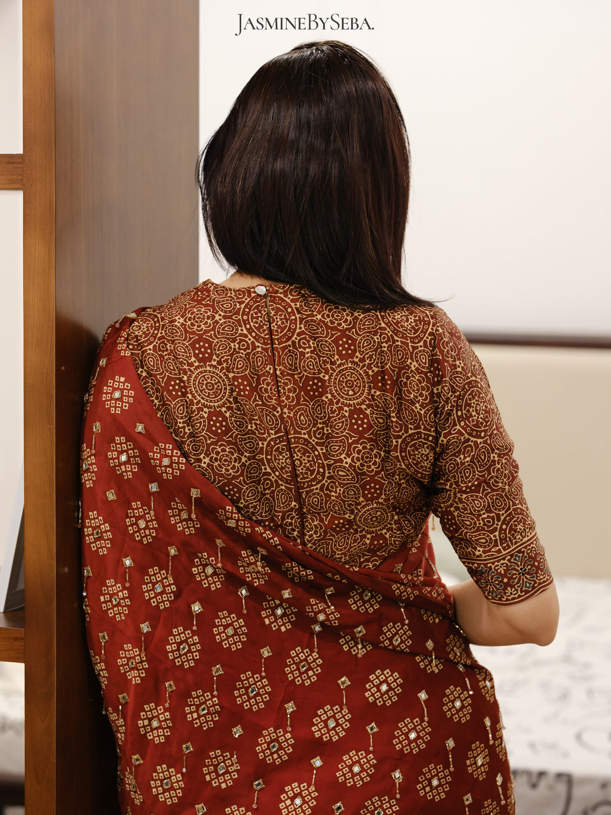 Ajrakh pure modal silk hand dyed, hand block printed and handworked saree