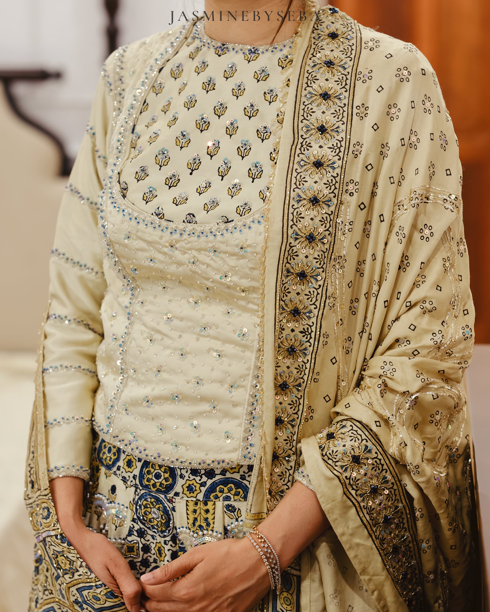 Custom made Ajrakh hand dyed hand block printed modal silk bridal lehenga set with pure handloom gajji silk dupatta detailed out with hand embroidry