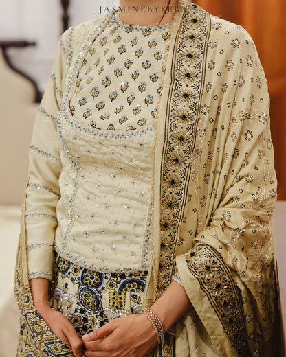 Custom made Ajrakh hand dyed hand block printed modal silk bridal lehenga set with pure handloom gajji silk dupatta detailed out with hand embroidry