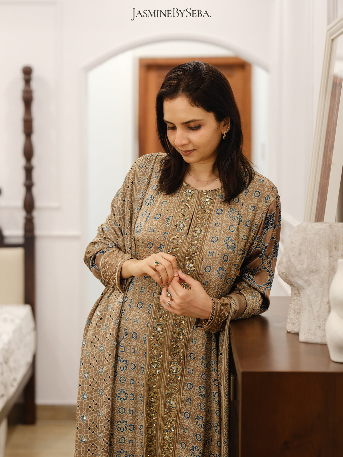 Ajrakh hand dyed hand block printed modal silk panel cut salwar set with cut bead handwork