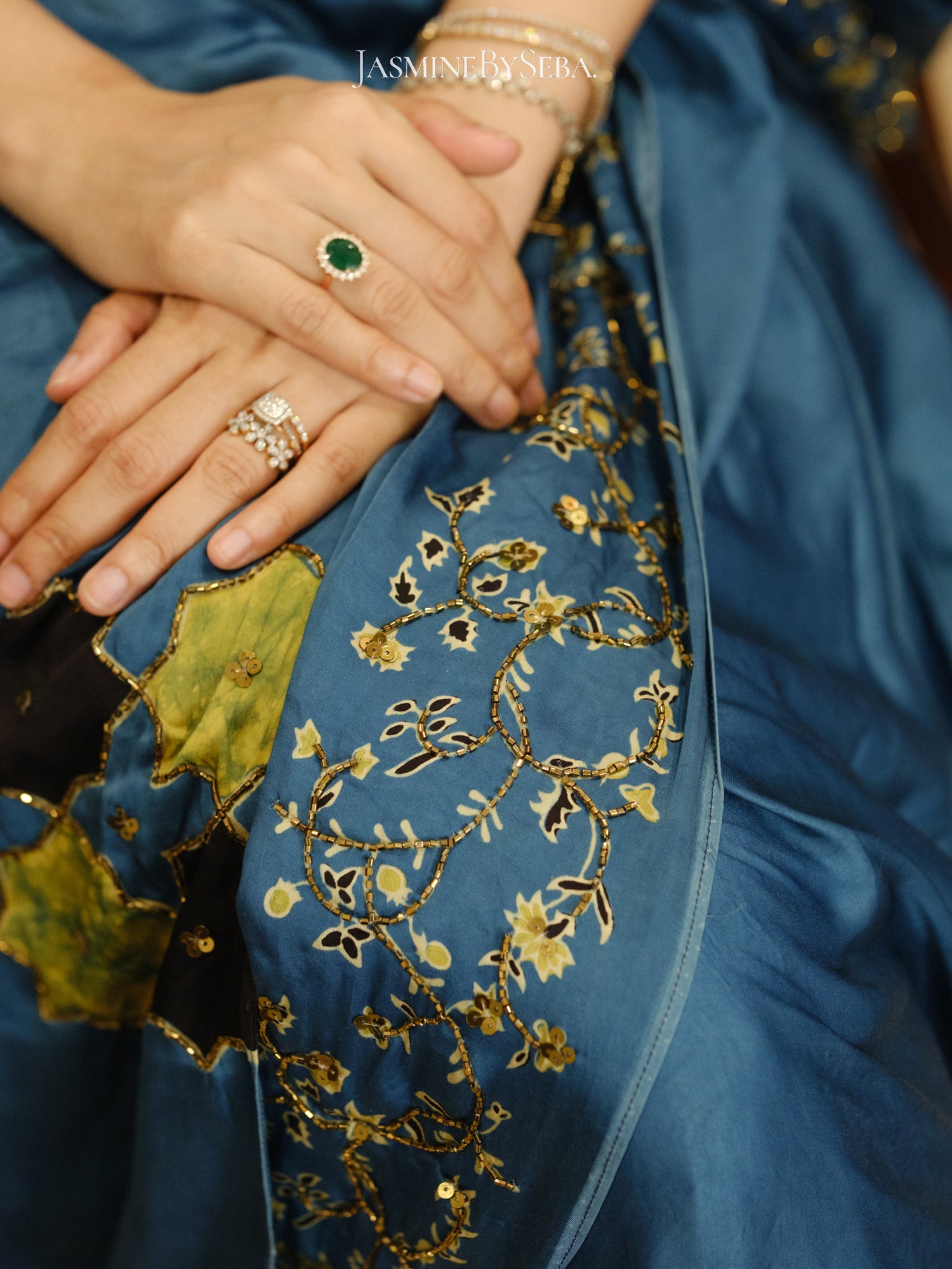 Bespoke ‘Jasmine’ hand printed Ajrakh pure modal silk hand dyed, hand block printed and handworked saree