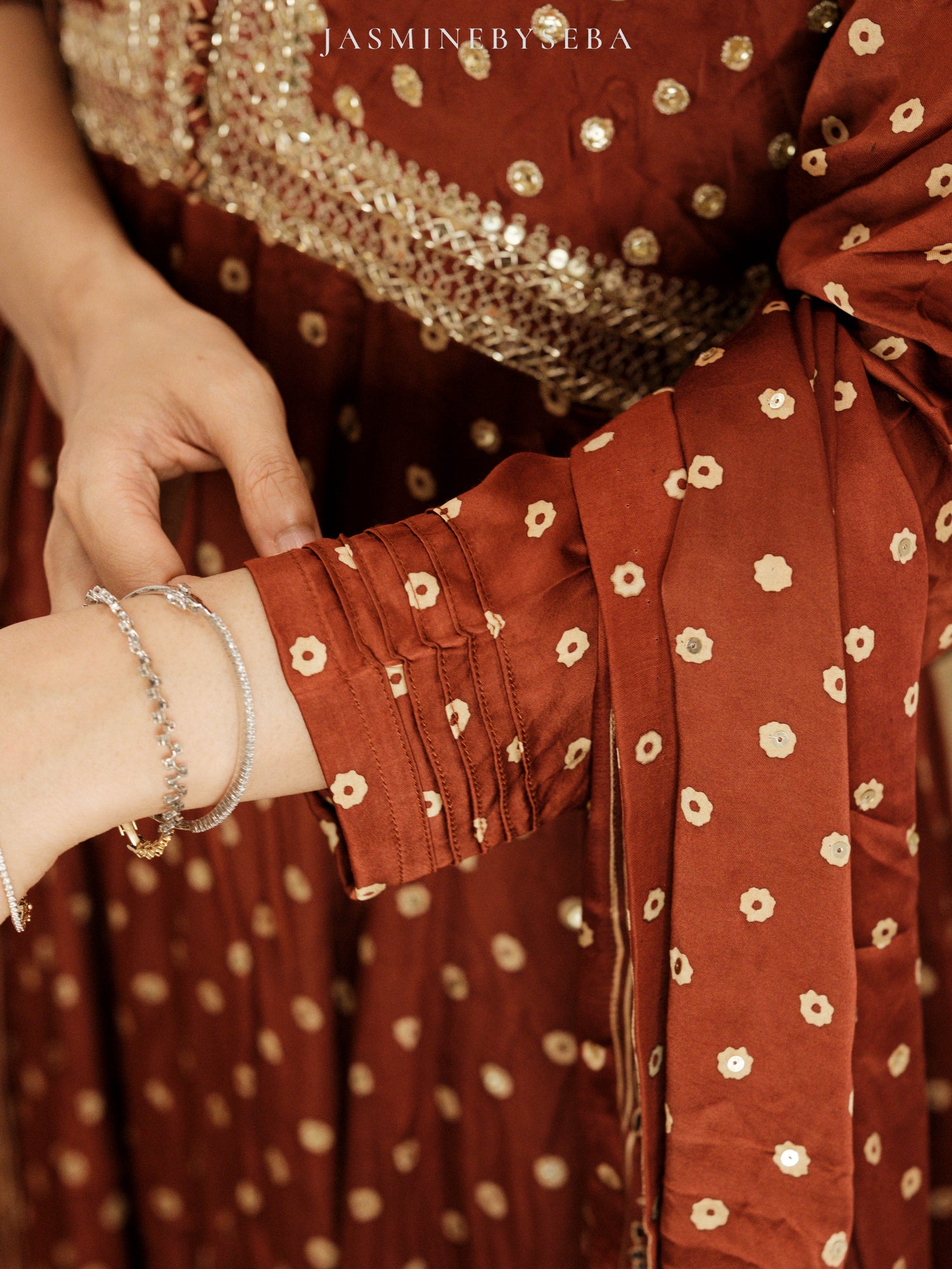 Ajrakh hand dyed hand block printed modal silk panel cut salwar set with cut bead handwork