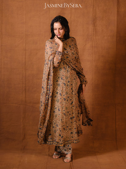 Ajrakh hand dyed hand block printed kota silk jacket set with cut bead handwork