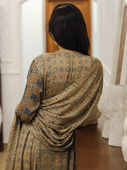 Ajrakh hand dyed hand block printed modal silk panel cut salwar set with cut bead handwork