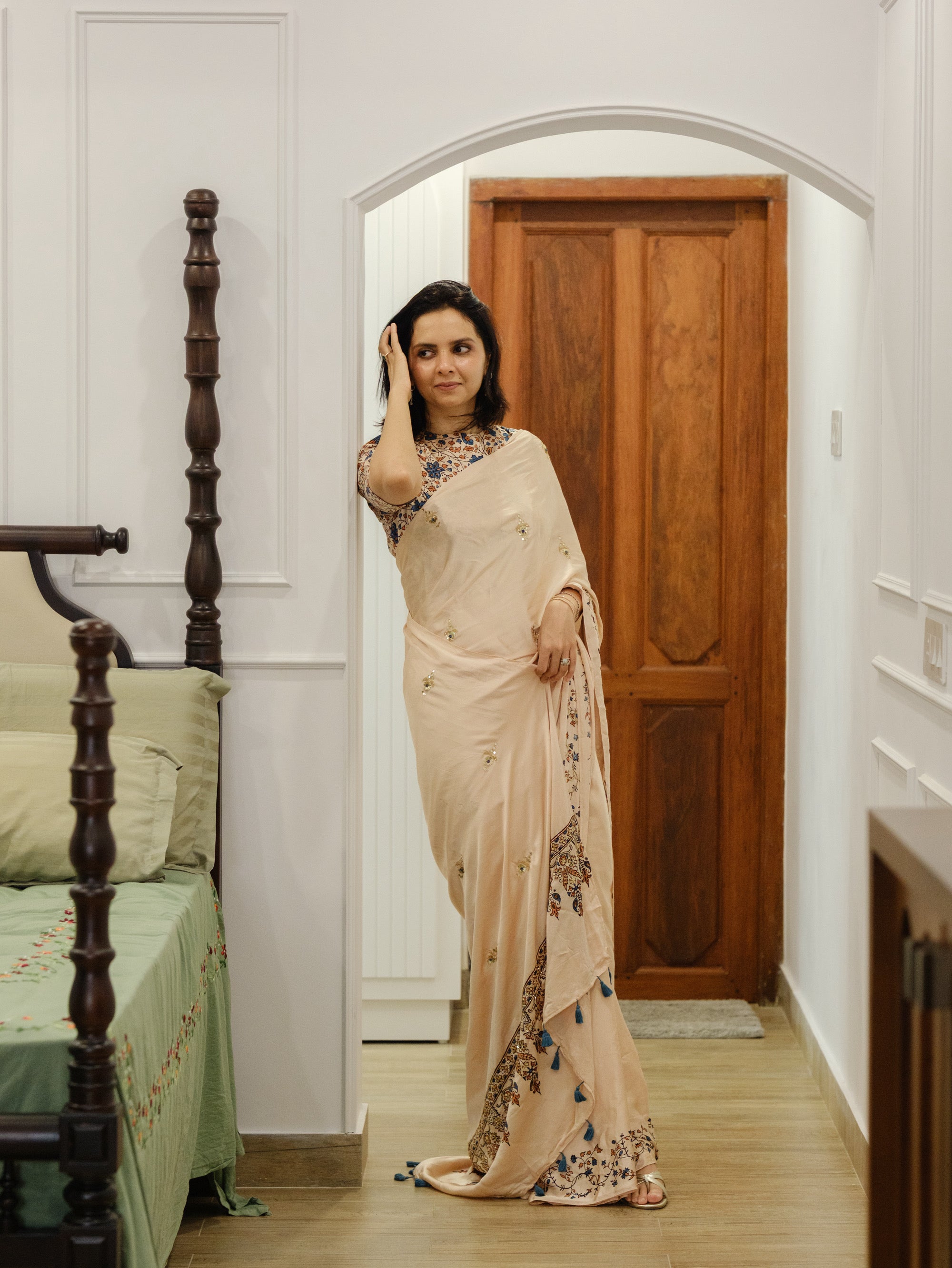 Ajrakh pure modal silk hand dyed, hand block printed and handworked saree