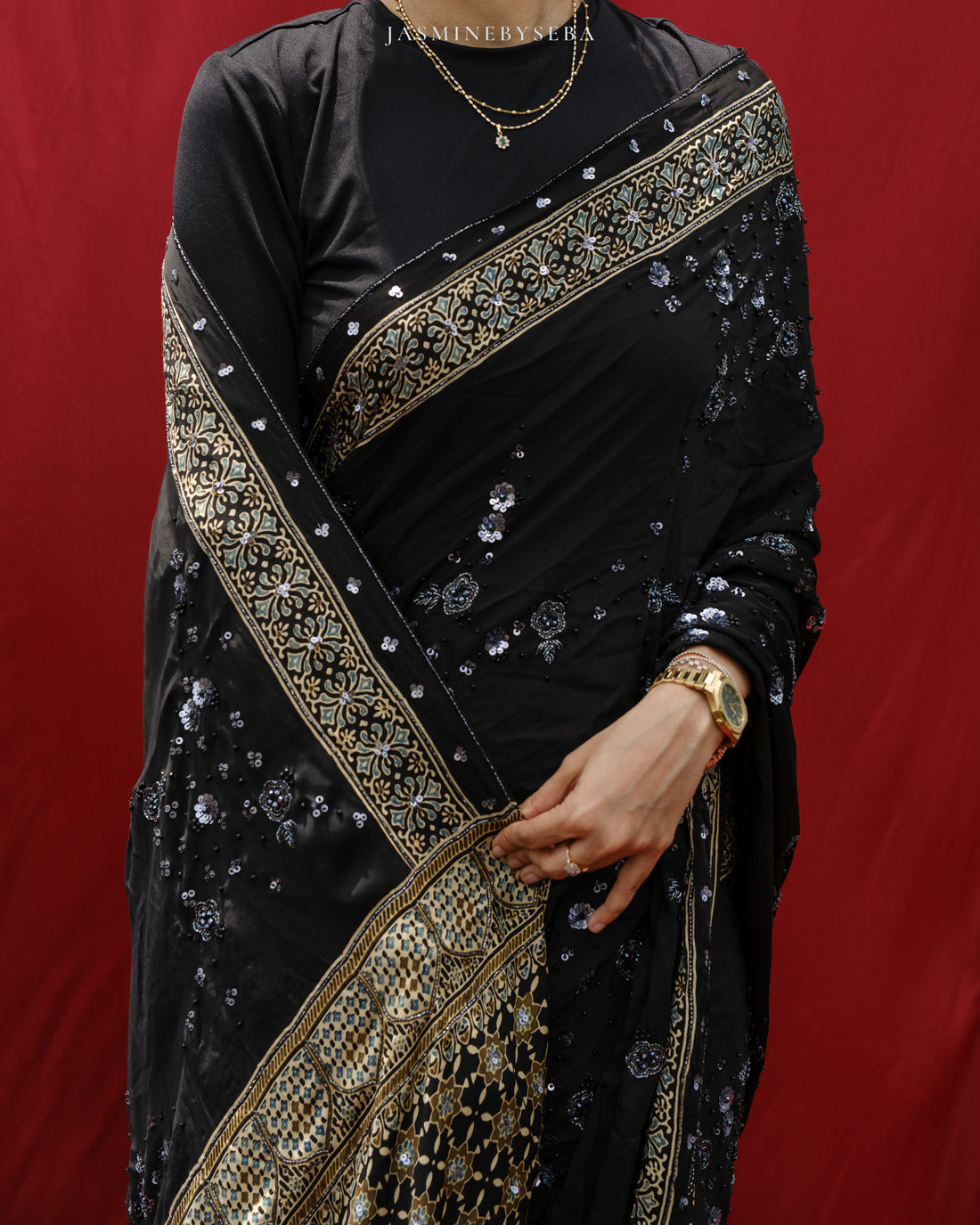 Ajrakh pure modal silk hand dyed, hand block printed and handworked saree