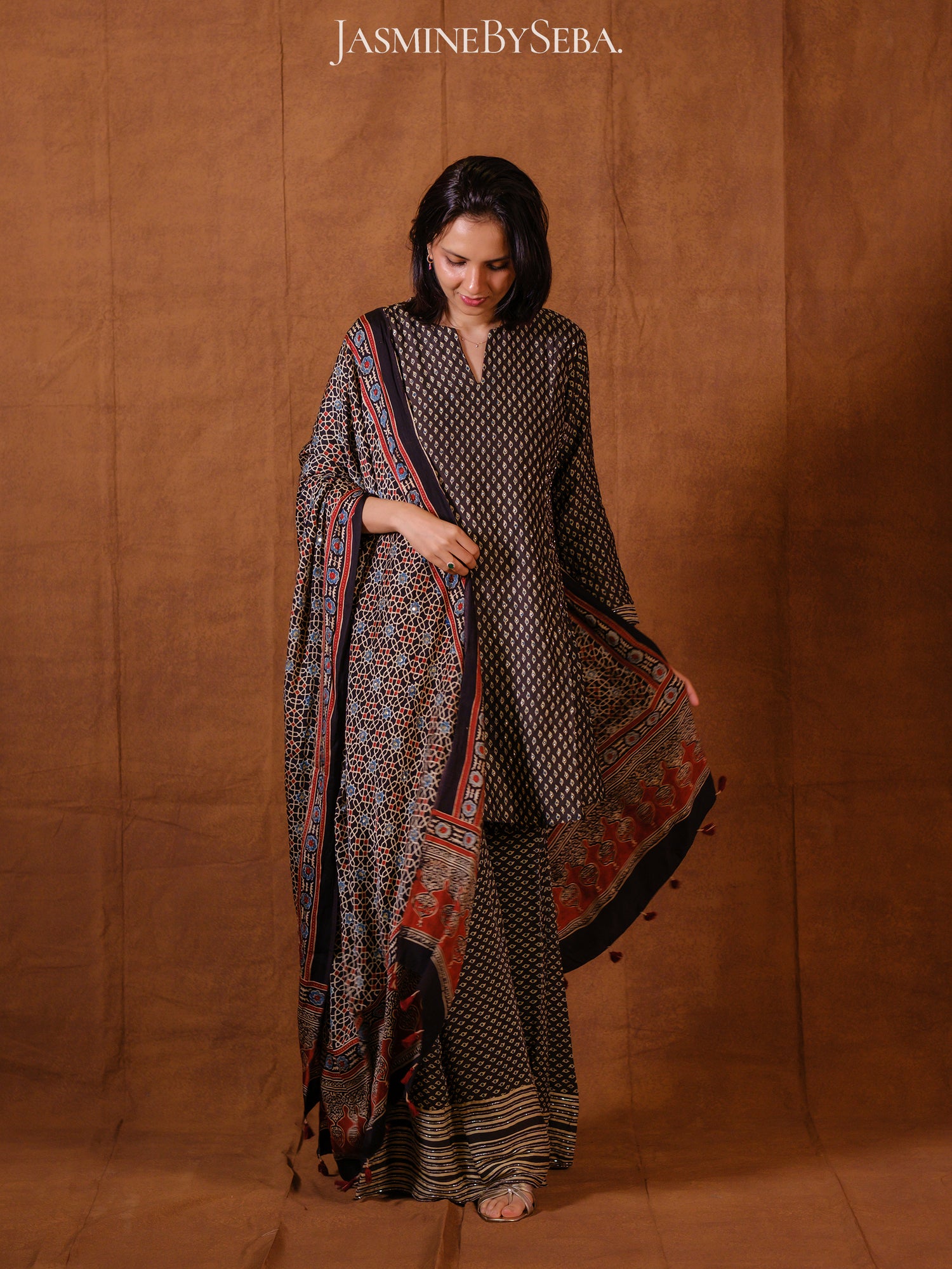 Ajrakh hand dyed hand block printed modal silk sharara set with cut bead handwork