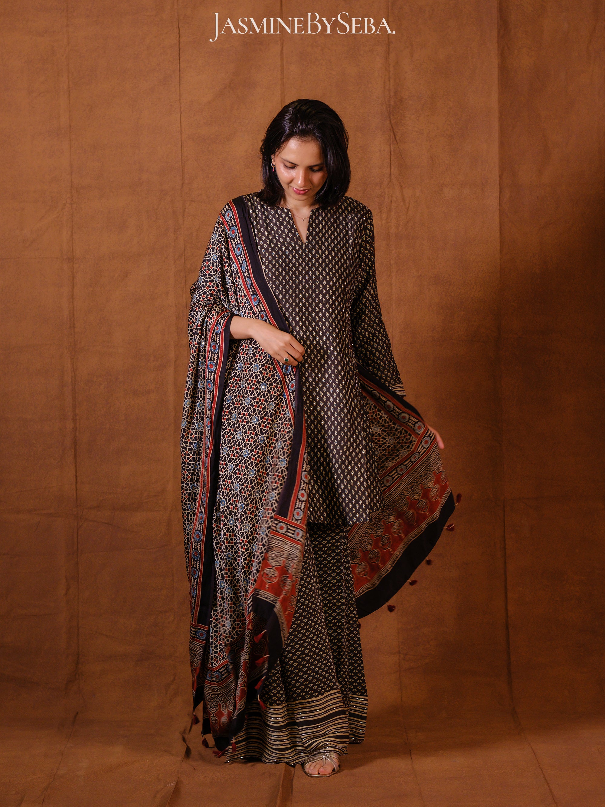 Ajrakh hand dyed hand block printed modal silk sharara set with cut bead handwork