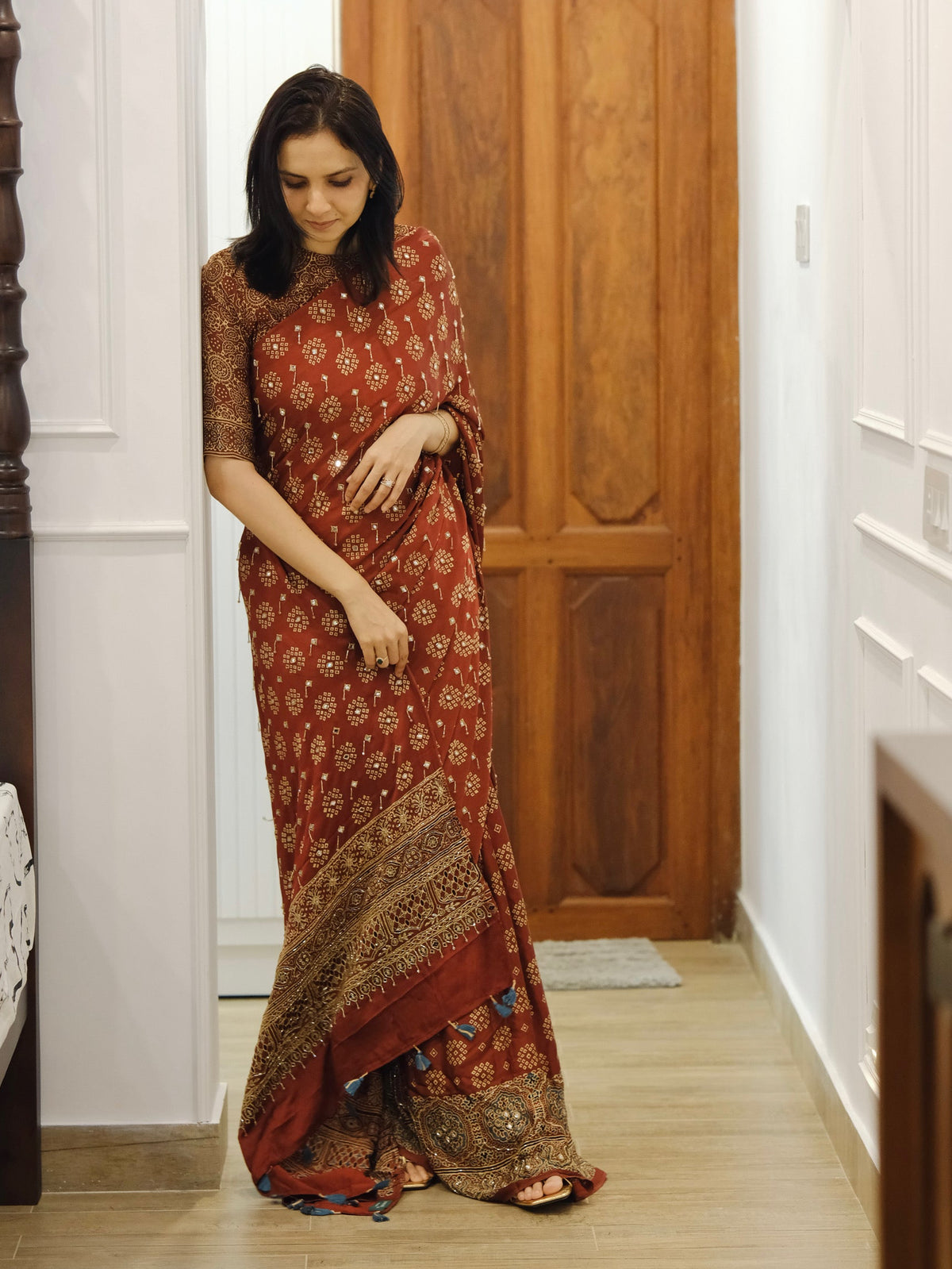 Ajrakh pure modal silk hand dyed, hand block printed and handworked saree