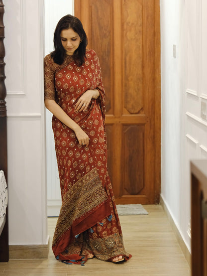 Ajrakh pure modal silk hand dyed, hand block printed and handworked saree