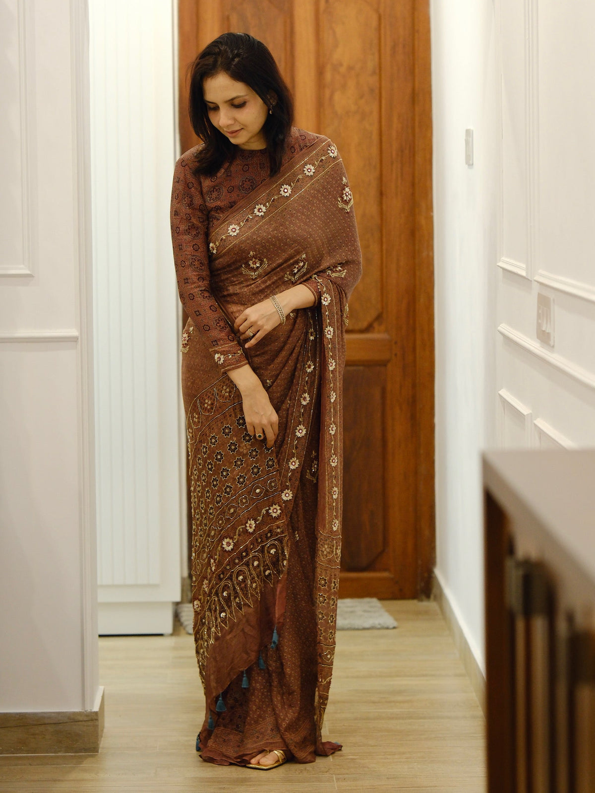 Ajrakh pure kota silk hand dyed, hand block printed and handworked saree