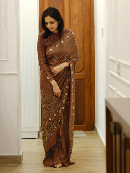 Ajrakh pure kota silk hand dyed, hand block printed and handworked saree