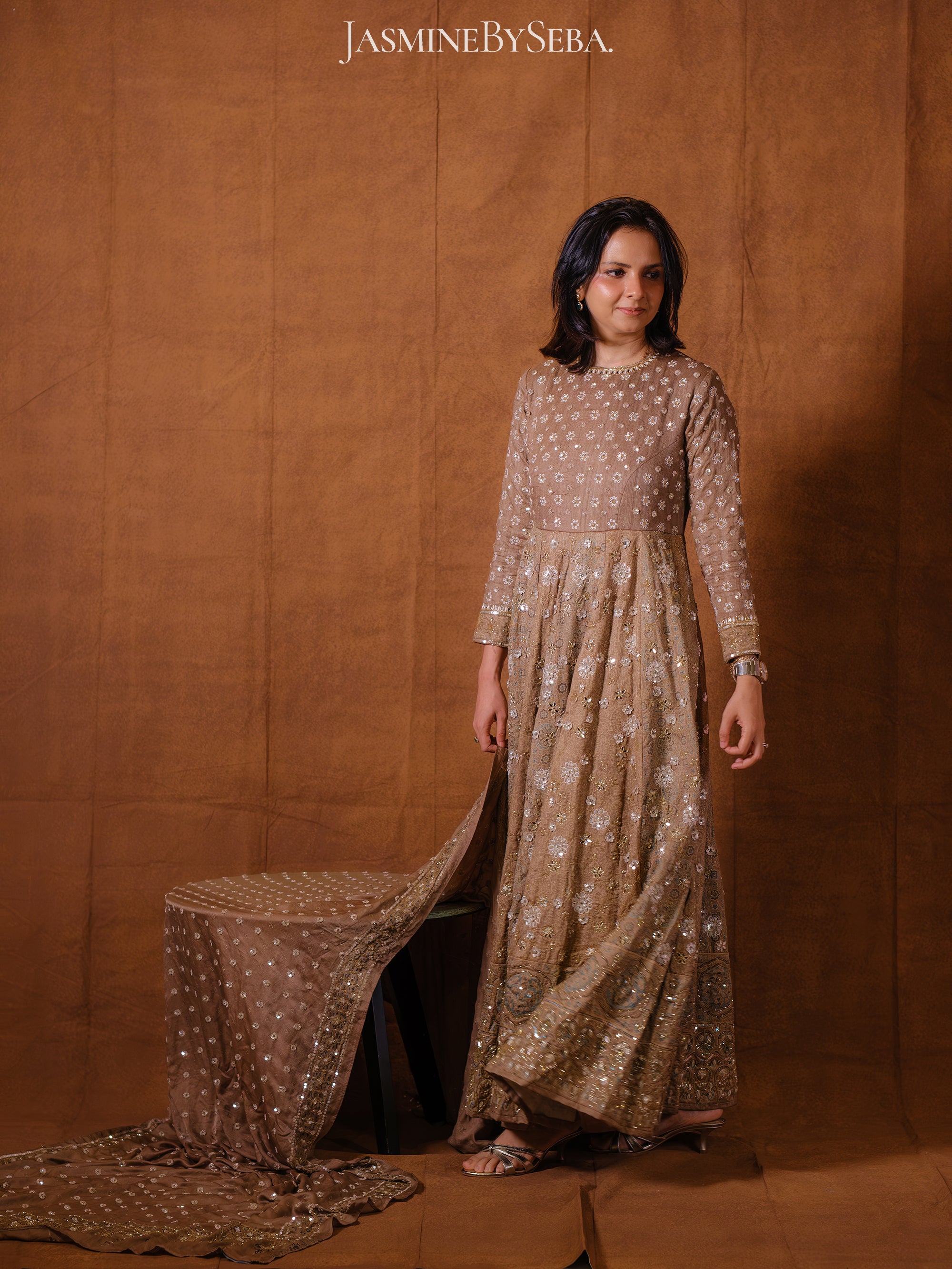 Custom made Ajrakh handcrafted handloom Tusshar silk bridal anarkali set with pure handloom gajji silk dupatta detailed out with hand embroidry