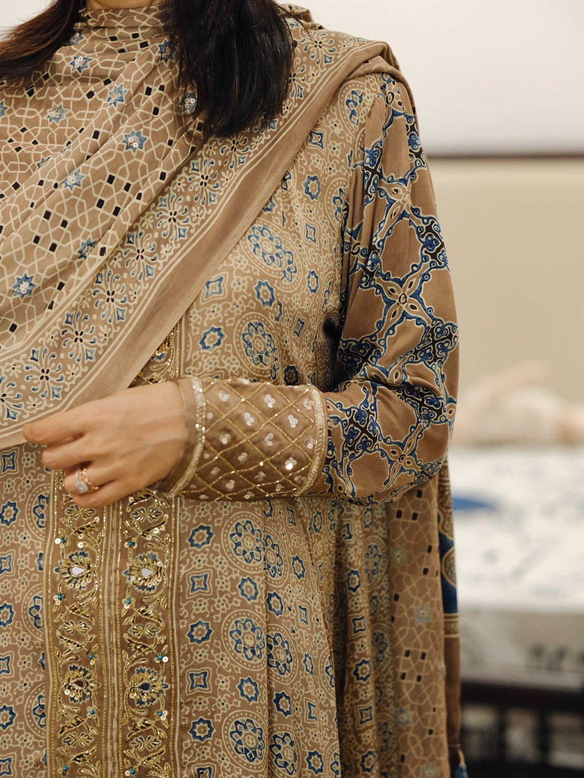 Ajrakh hand dyed hand block printed modal silk panel cut salwar set with cut bead handwork