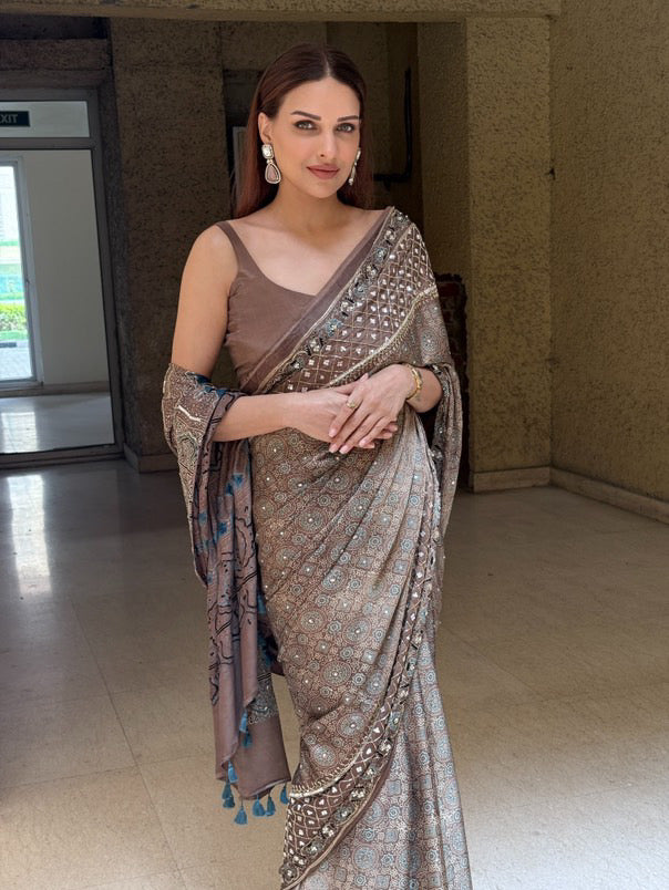 Ajrakh pure modal silk hand dyed, hand block printed and handworked saree
