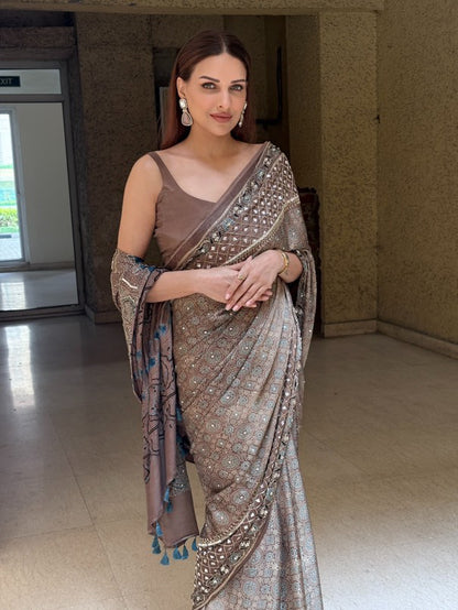 Ajrakh pure modal silk hand dyed, hand block printed and handworked saree