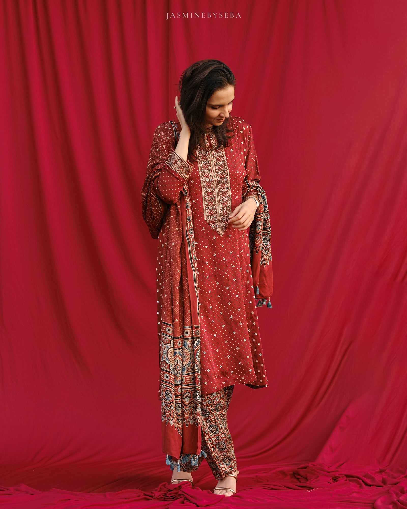 Ajrakh hand dyed hand block printed modal silk panel cut salwar set with cut bead handwork
