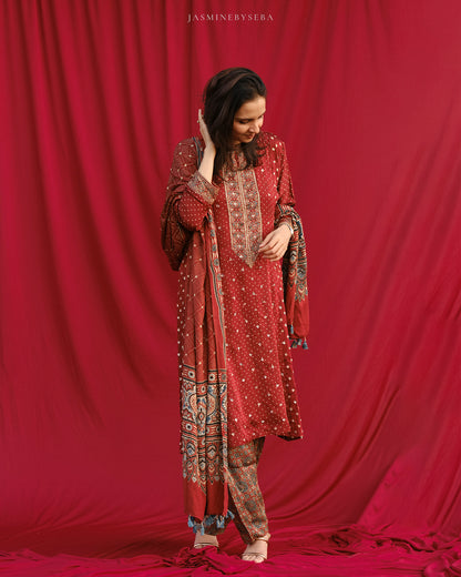 Ajrakh hand dyed hand block printed modal silk panel cut salwar set with cut bead handwork