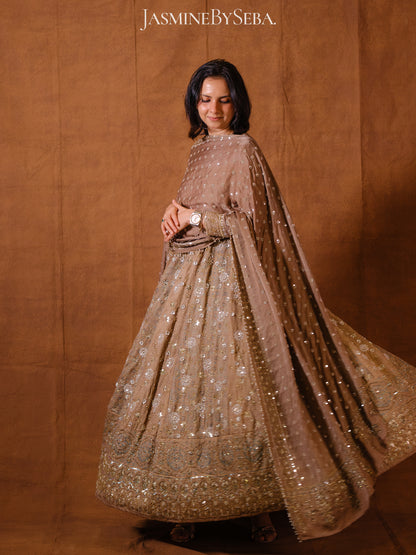 Custom made Ajrakh handcrafted handloom Tusshar silk bridal anarkali set with pure handloom gajji silk dupatta detailed out with hand embroidry