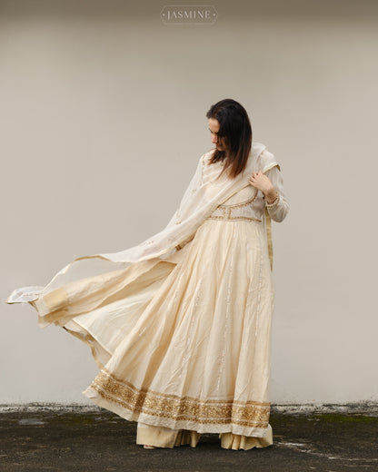 Banarsi silk anarkali with sharara pants teamed