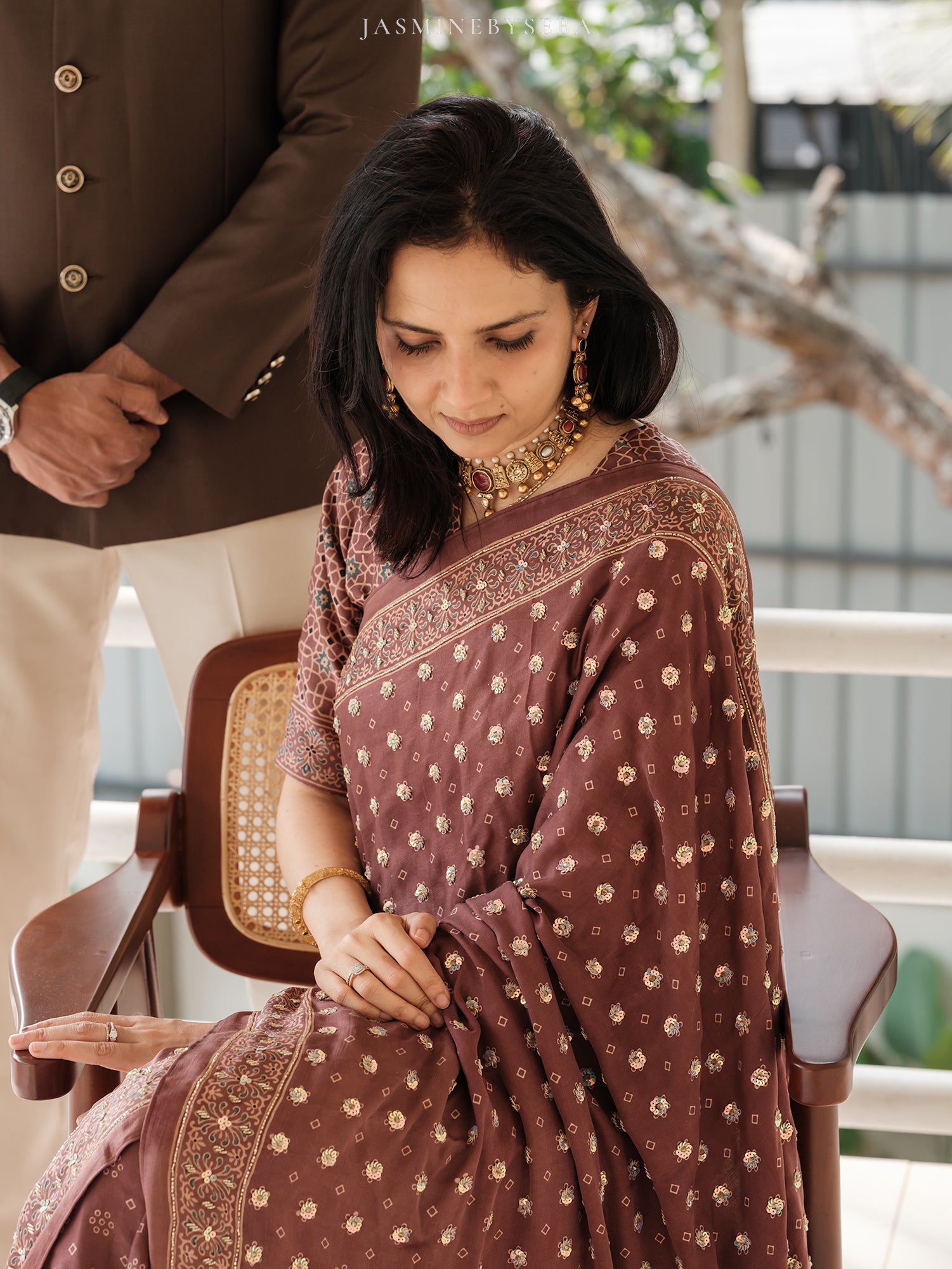 Ajrakh pure handloom gajji silk hand dyed, hand block printed and handworked saree