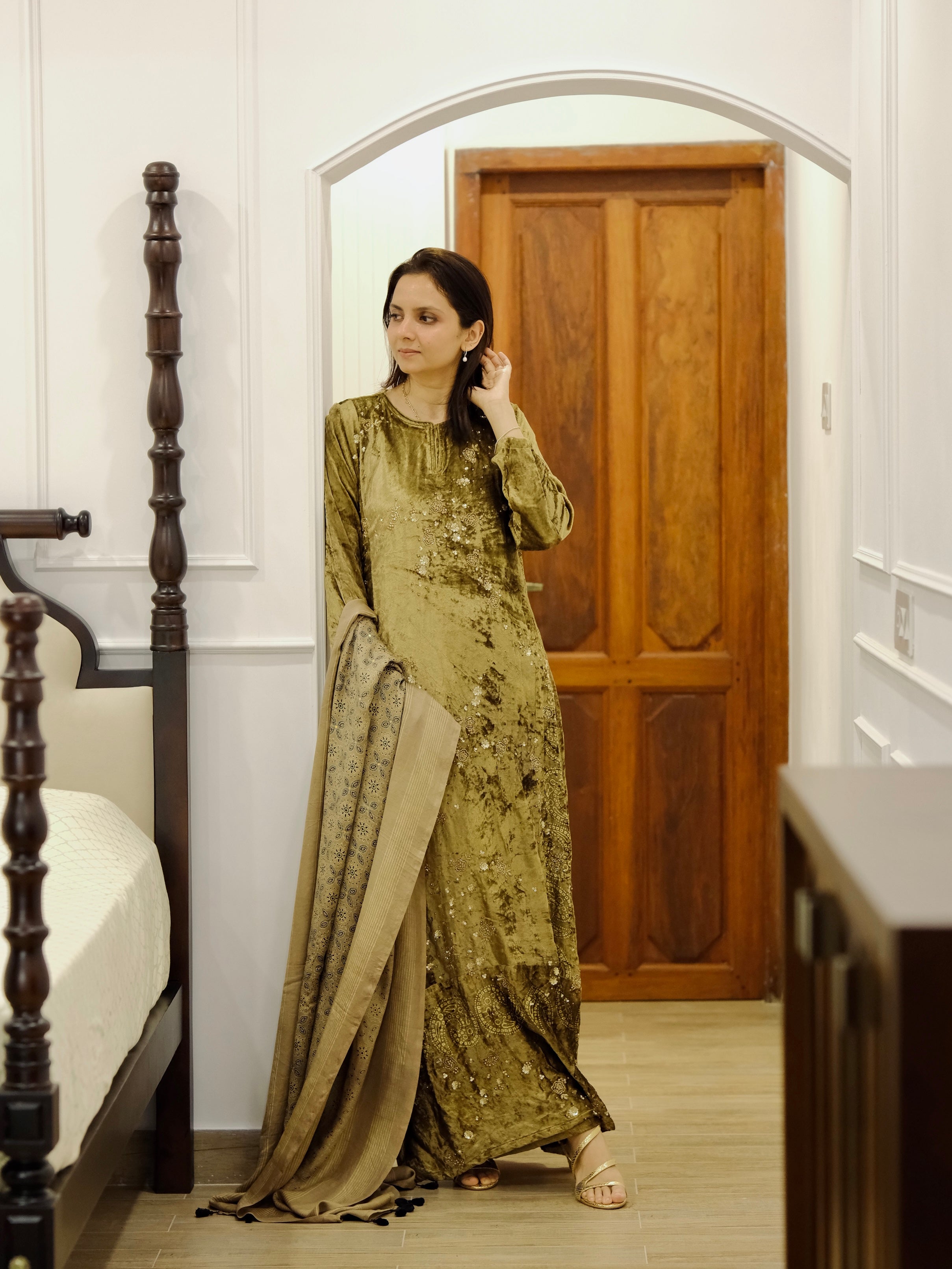 Ajrakh hand dyed hand block printed velvet silk salwar set with hand embroidry