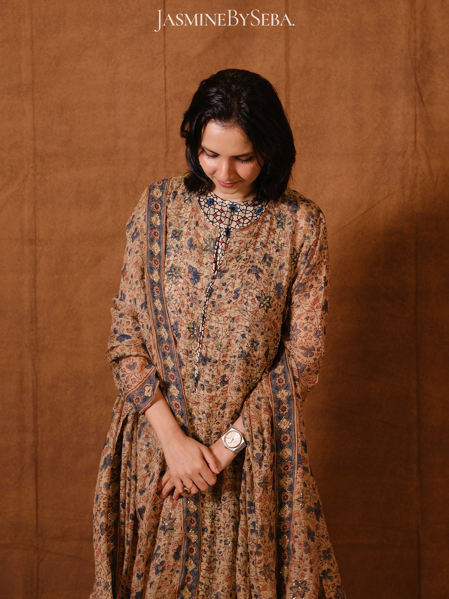 Ajrakh hand dyed hand block printed kota silk jacket set with cut bead handwork