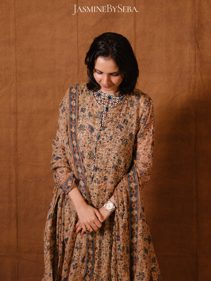Ajrakh hand dyed hand block printed kota silk jacket set with cut bead handwork