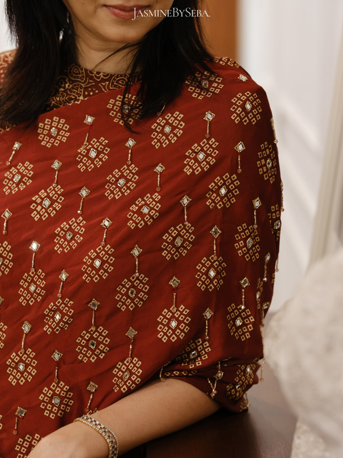 Ajrakh pure modal silk hand dyed, hand block printed and handworked saree